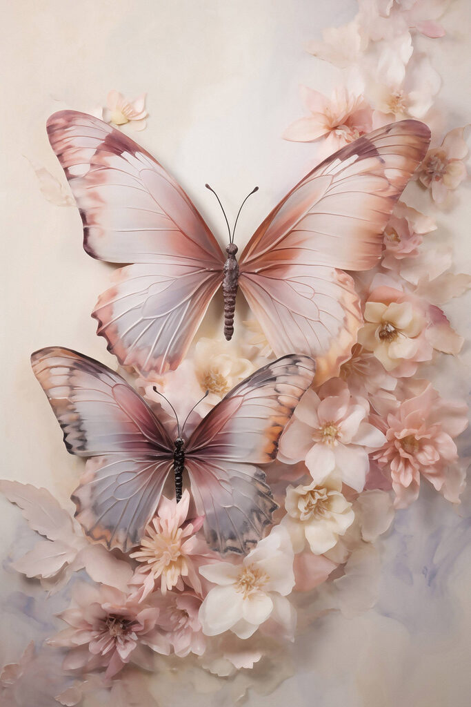 Butterflies on a wall with flowers Butterflies on a wall with flowers