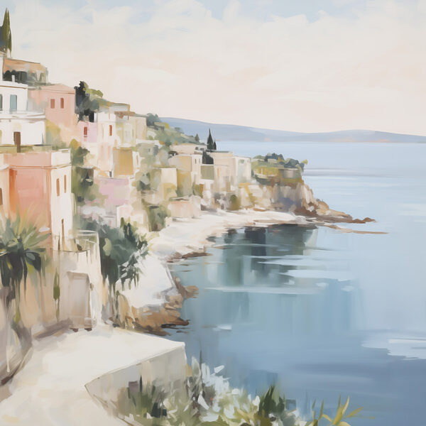 Painting of a city by the water