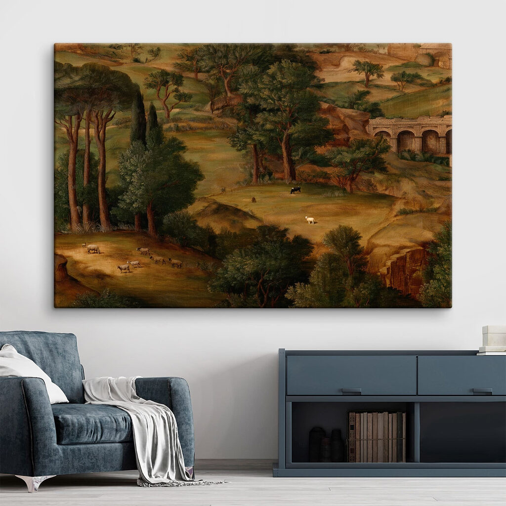 Painting of a landscape with trees and animals