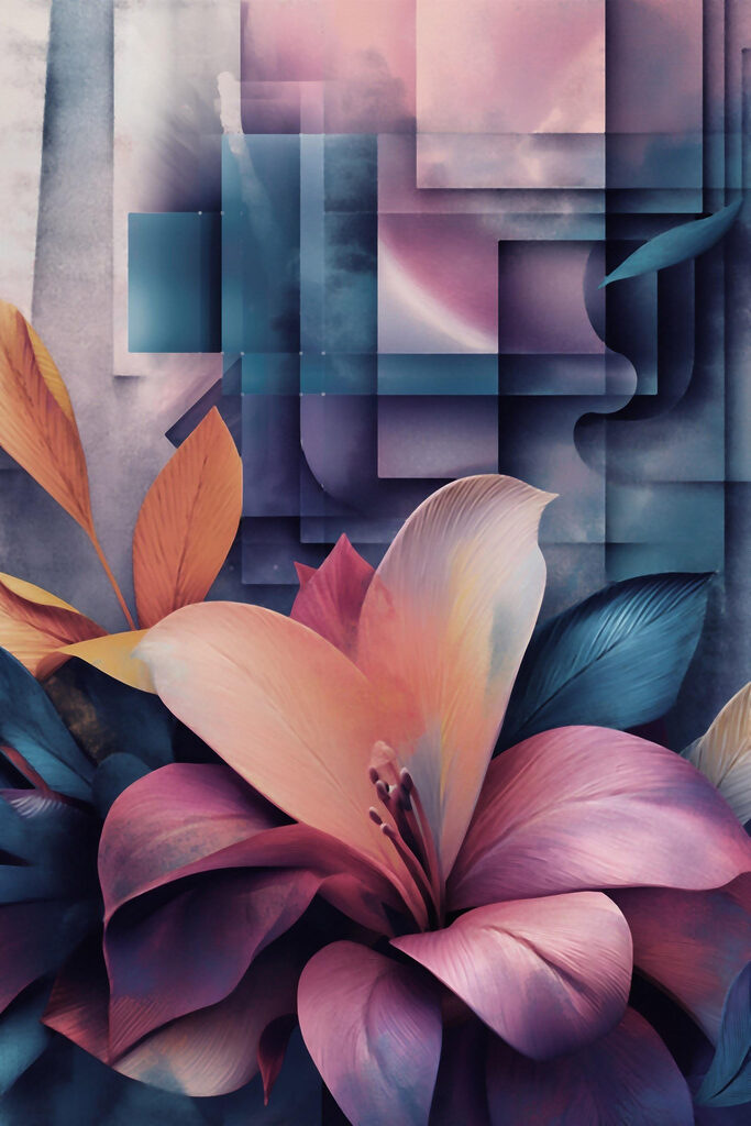 Vibrant blooms amidst abstract shapes Vibrant blooms amidst abstract shapes