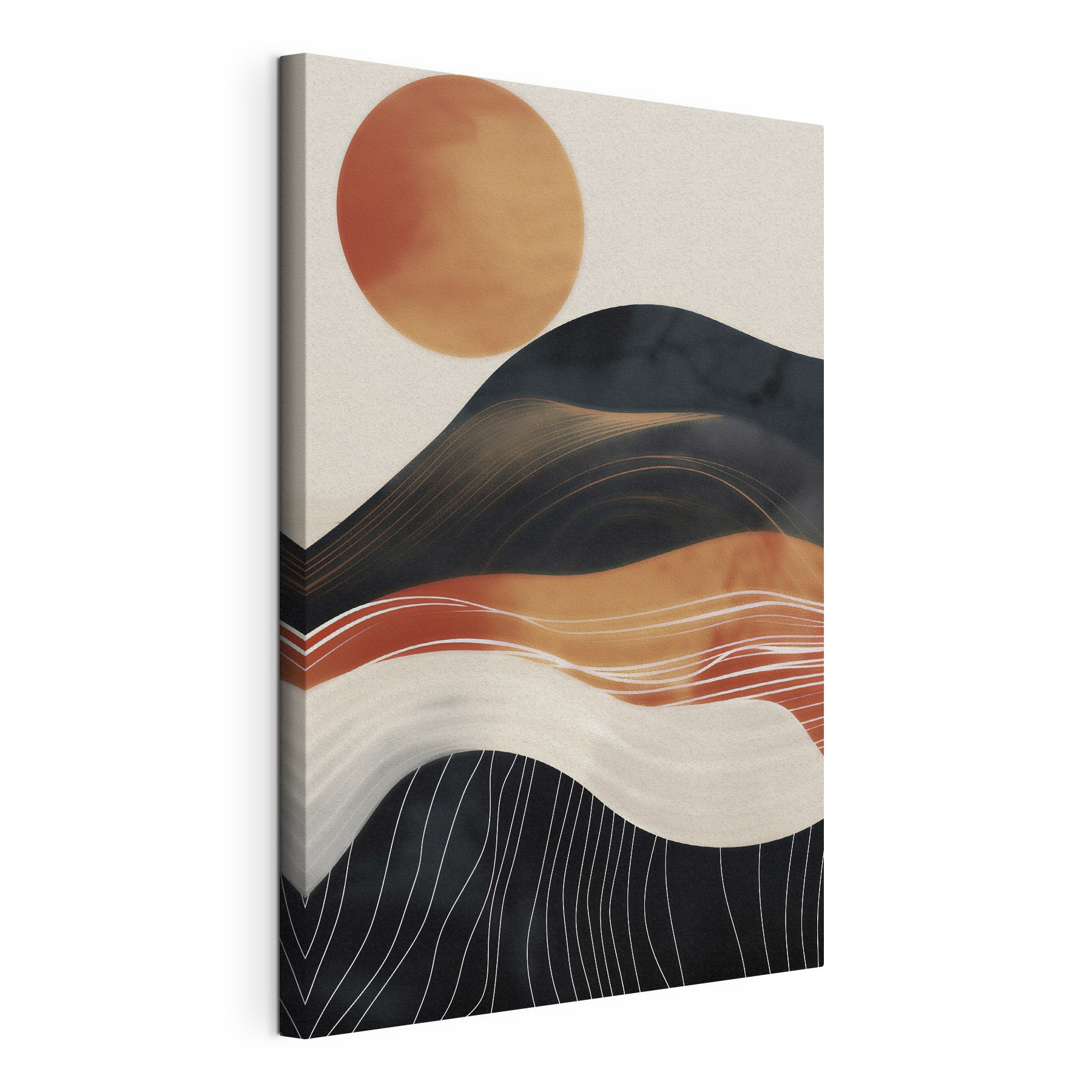 Painting of a mountain with a sun behind it