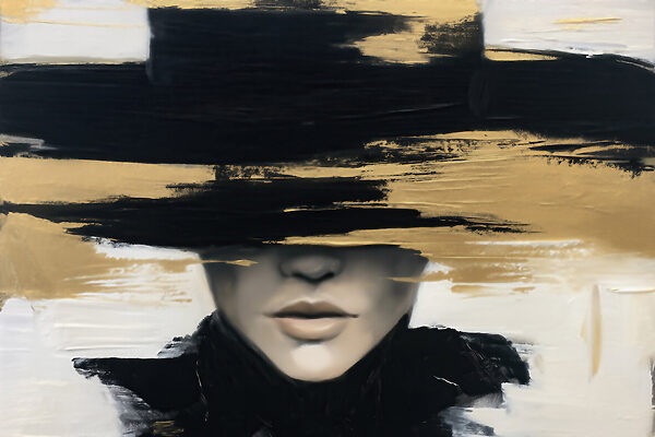 Painting of a woman with a hat over her eyes