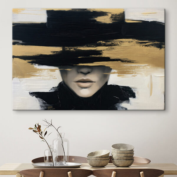 Painting of a woman with a hat over her eyes