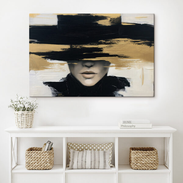 Painting of a woman with a hat over her eyes