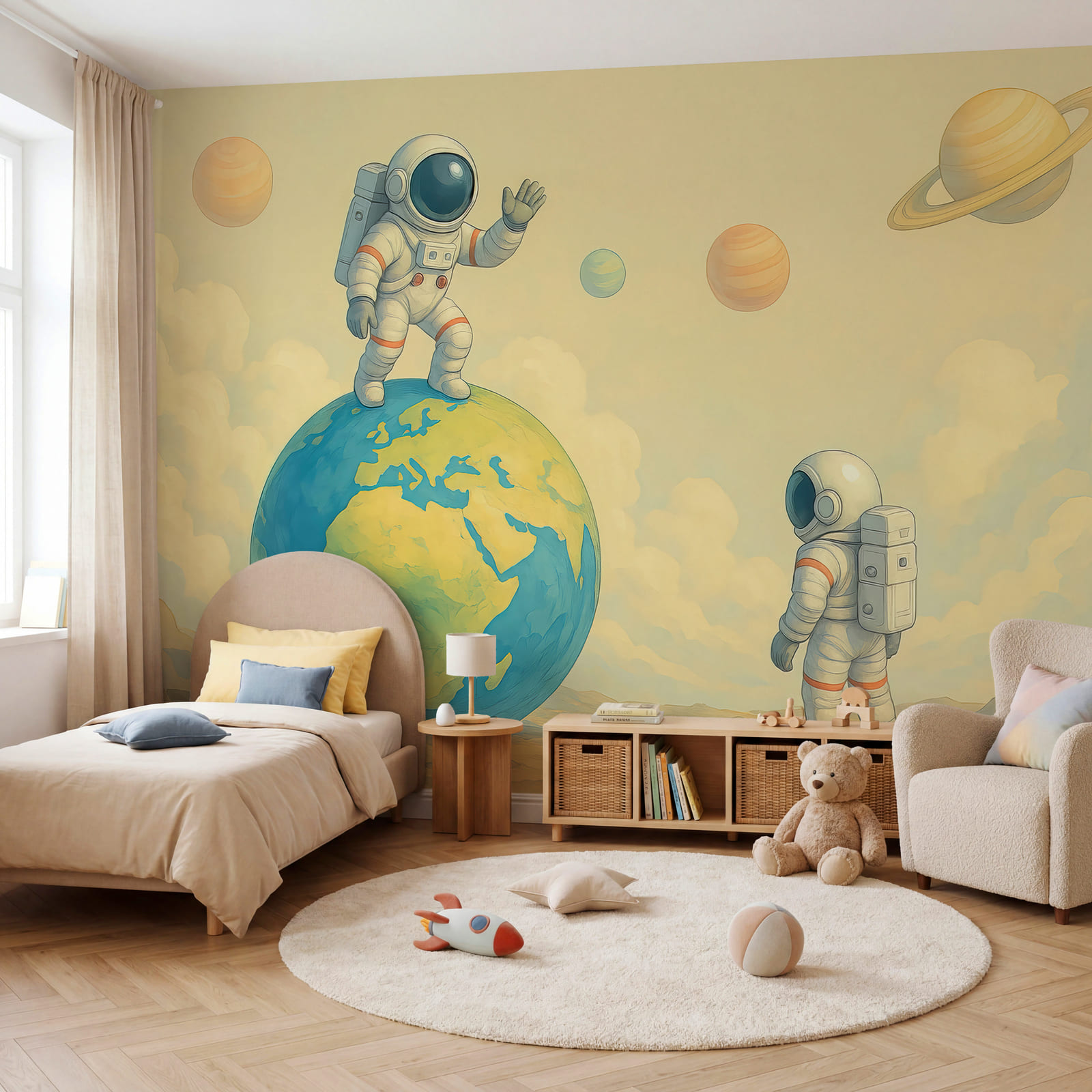 Dvaja astronauti stojací na planéte