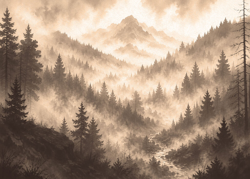 Foggy mountain landscape with trees and a river Foggy mountain landscape with trees and a river