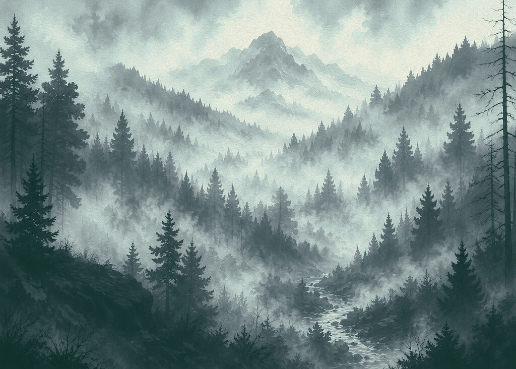 Foggy mountain landscape with trees and a river