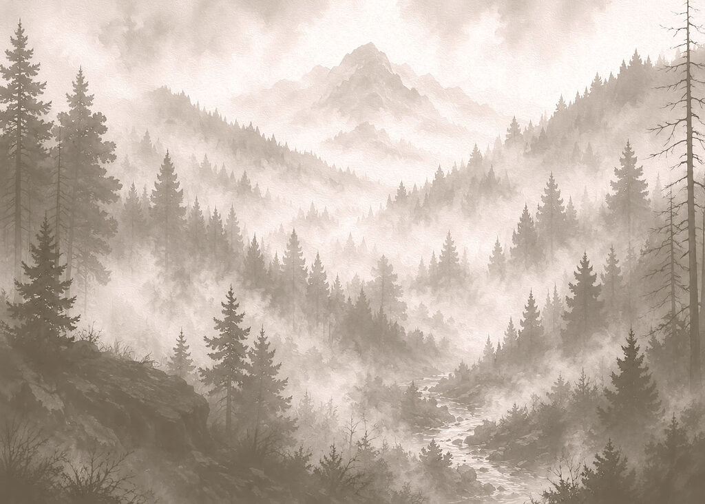 Foggy mountain landscape with trees and a river