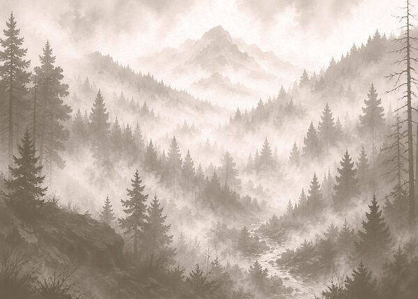 Foggy mountain landscape with trees and a river