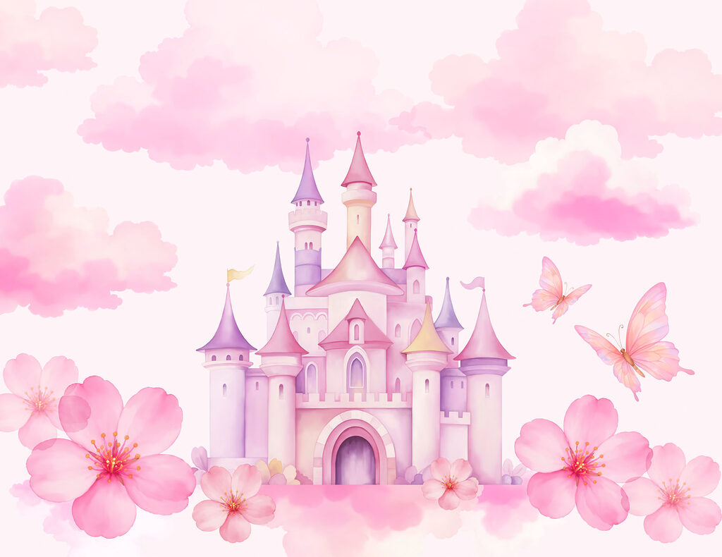 Pink castle with butterflies and pink clouds