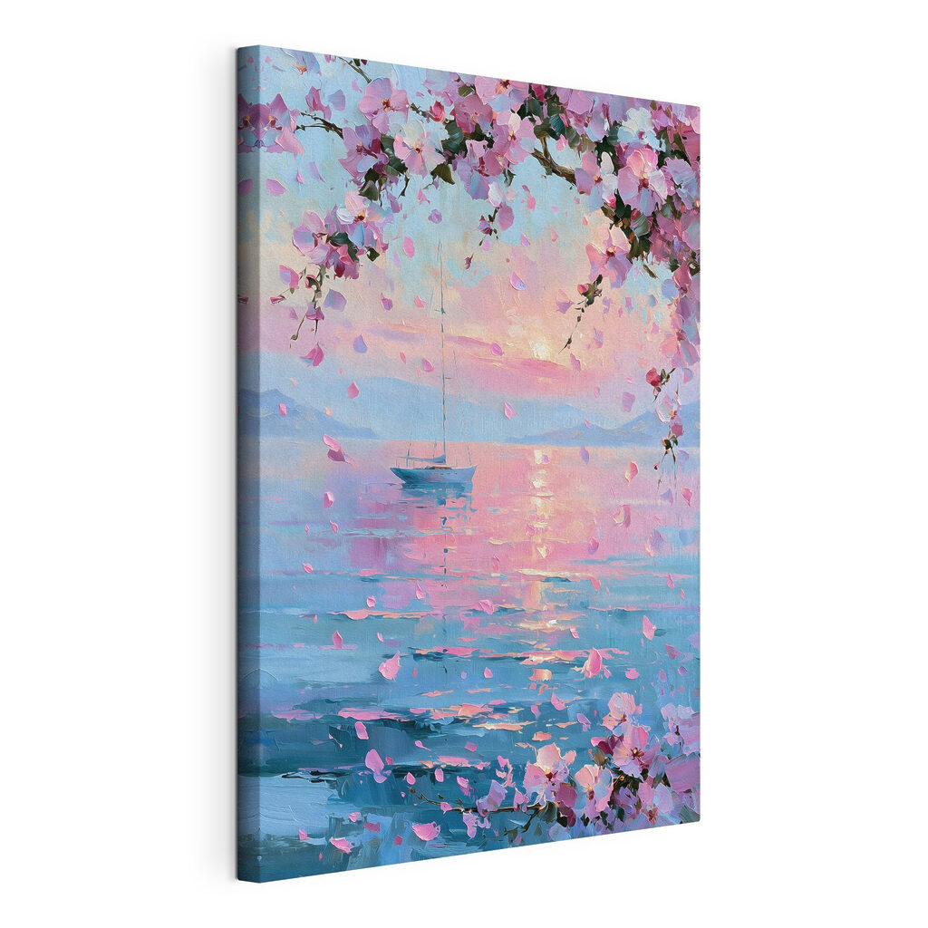 Painting of a sailboat on a calm body of water with pink flowers Painting of a sailboat on a calm body of water with pink flowers