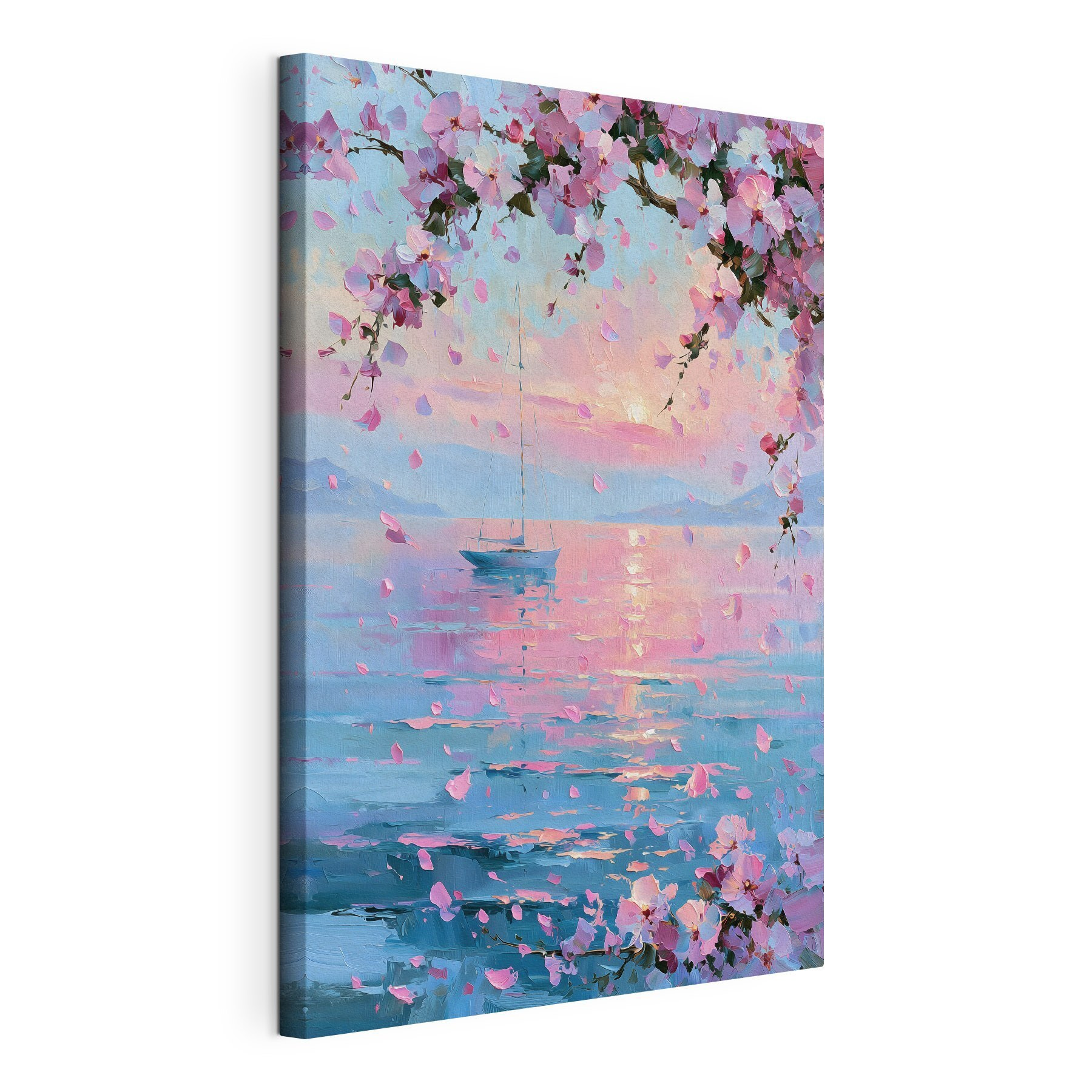 Painting of a sailboat on a calm body of water with pink flowers Painting of a sailboat on a calm body of water with pink flowers
