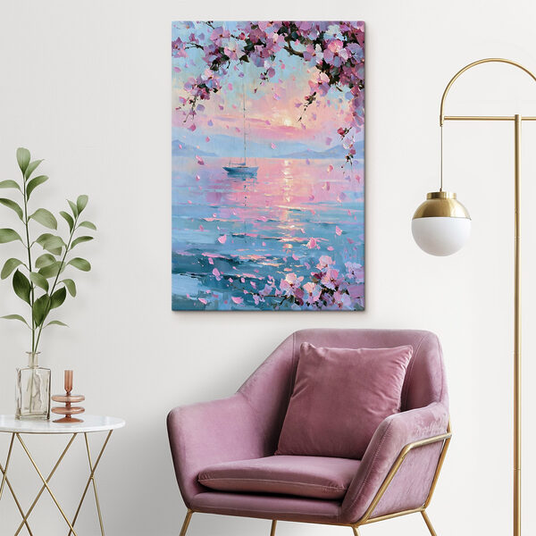 Painting of a sailboat on a calm body of water with pink flowers Painting of a sailboat on a calm body of water with pink flowers