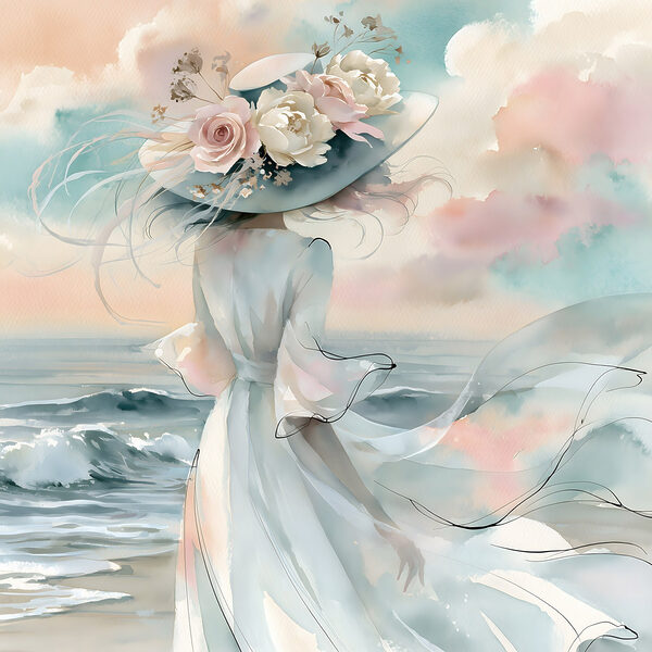 Woman in a dress with flowers on her hat Woman in a dress with flowers on her hat