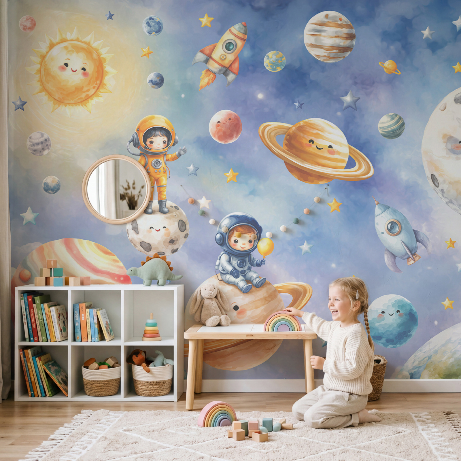 Skupina kreslených astronautov a planét Skupina kreslených astronautov a planét