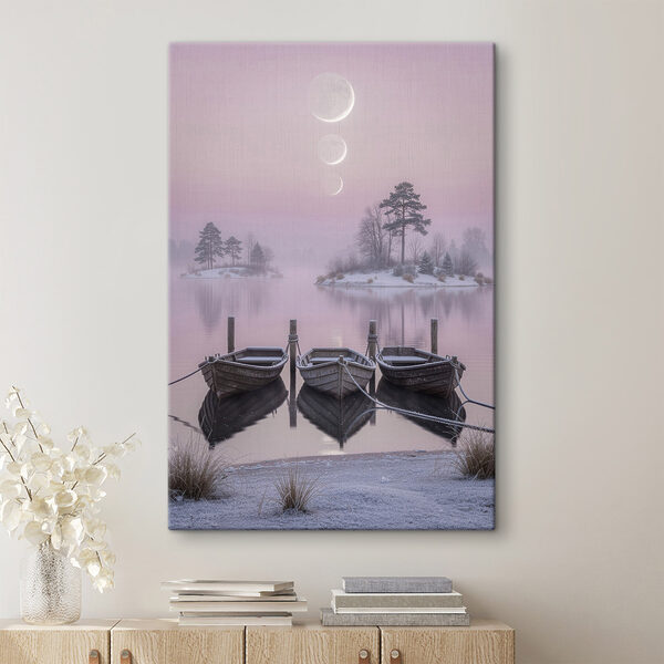 Boats on a lake with trees and a moon in the background
