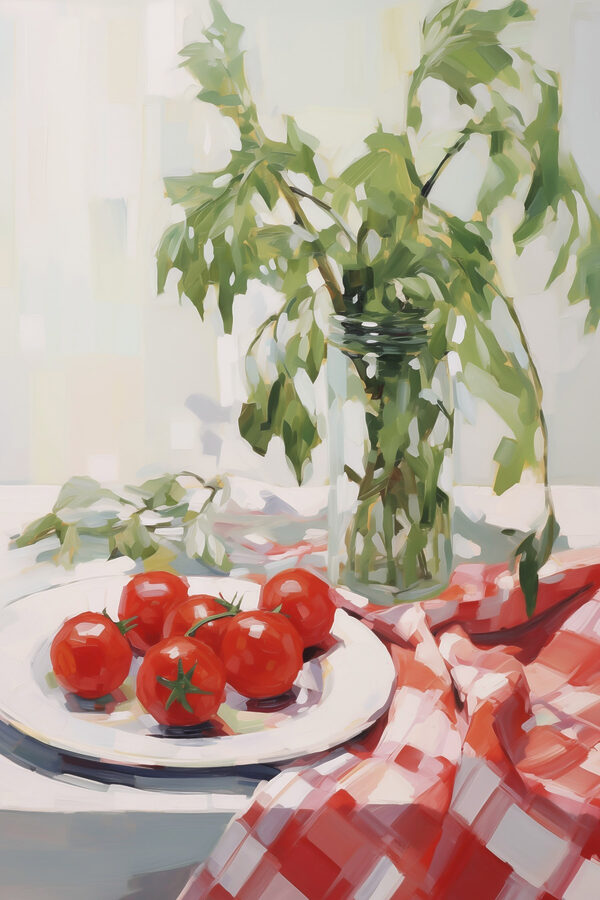 Painting of tomatoes on a plate next to a vase of green leaves