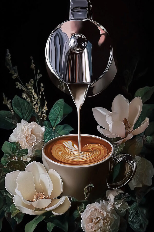 Person pouring milk into a cup of coffee Person pouring milk into a cup of coffee