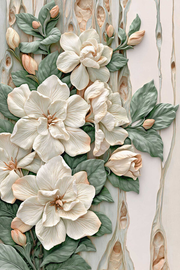 Group of white flowers with green leaves
