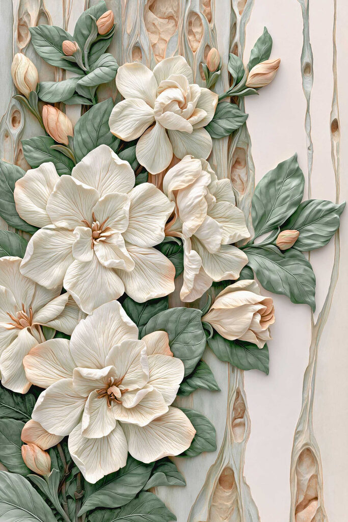 Group of white flowers with green leaves