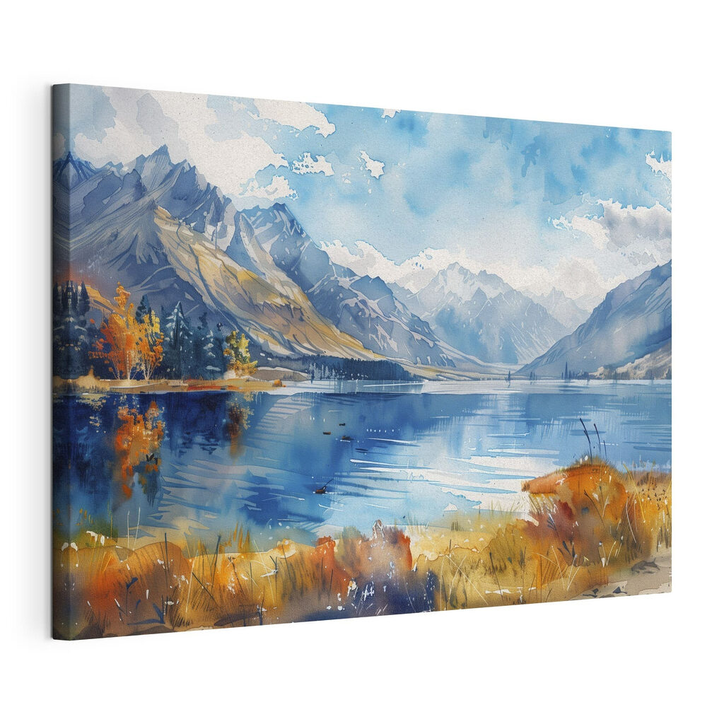 Watercolor painting of a lake surrounded by mountains and clouds