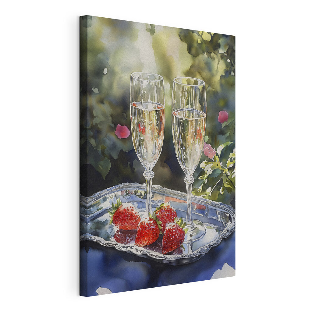 Two glasses of champagne and strawberries on a tray