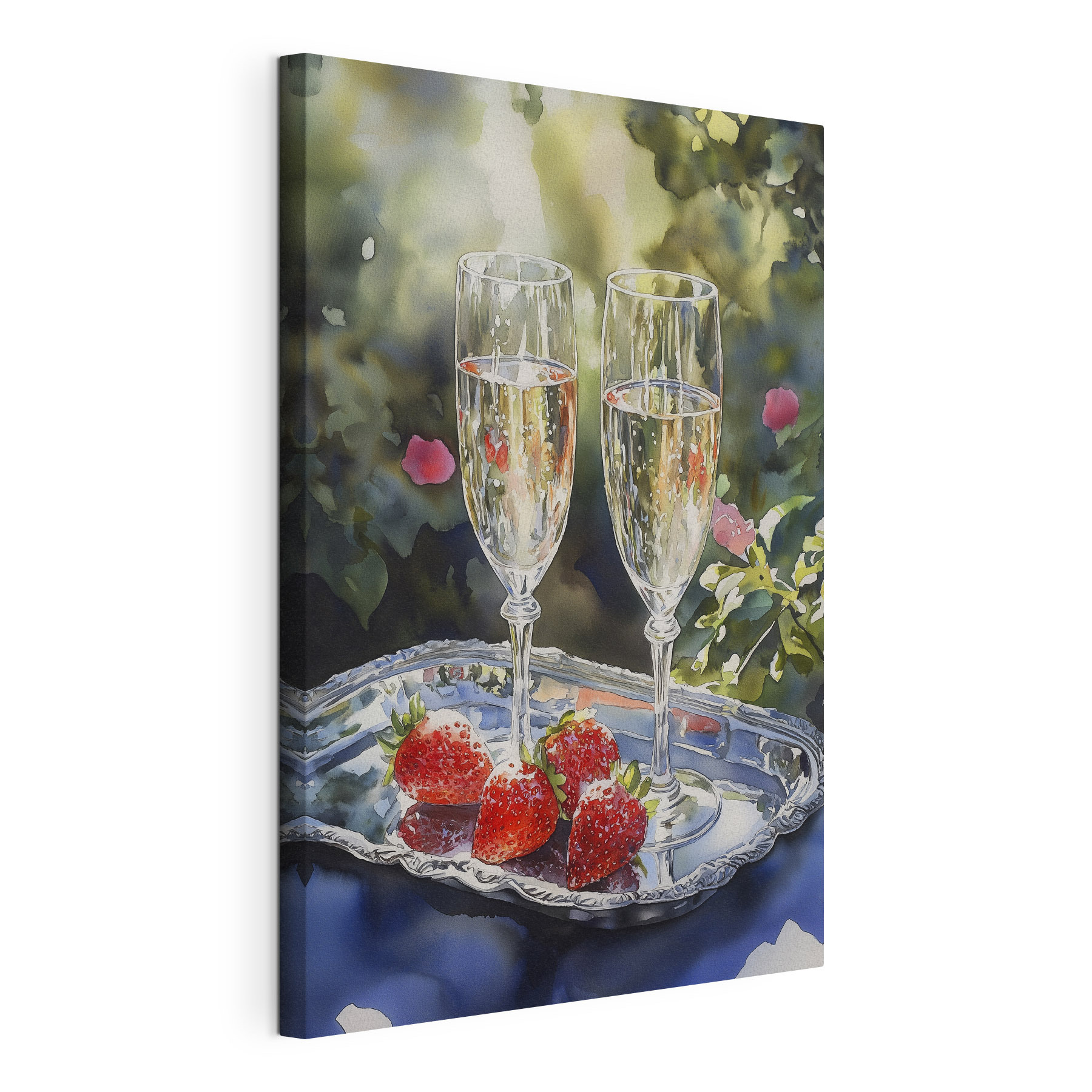 Two glasses of champagne and strawberries on a tray