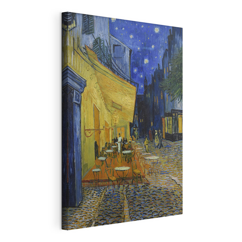 A painting of a street with tables and chairs A painting of a street with tables and chairs