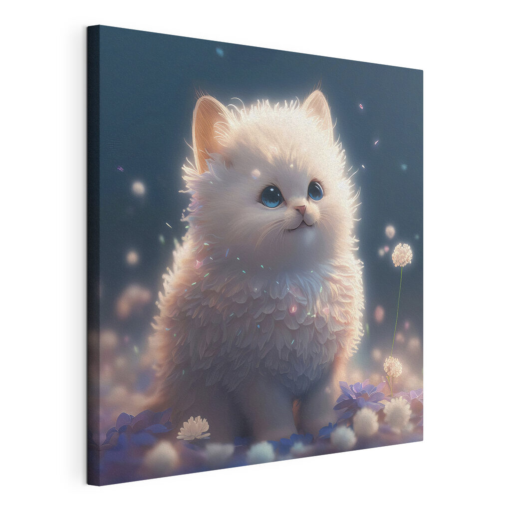 A white fluffy cat with blue eyes