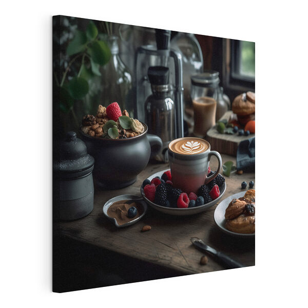 Obraz Šálka kávy s latte art na tanieri s ovocím a obilninami (Katalógové číslo: s32154) Obraz Obraz Šálka kávy s latte art na tanieri s ovocím a obilninami (Katalógové číslo: s32154)