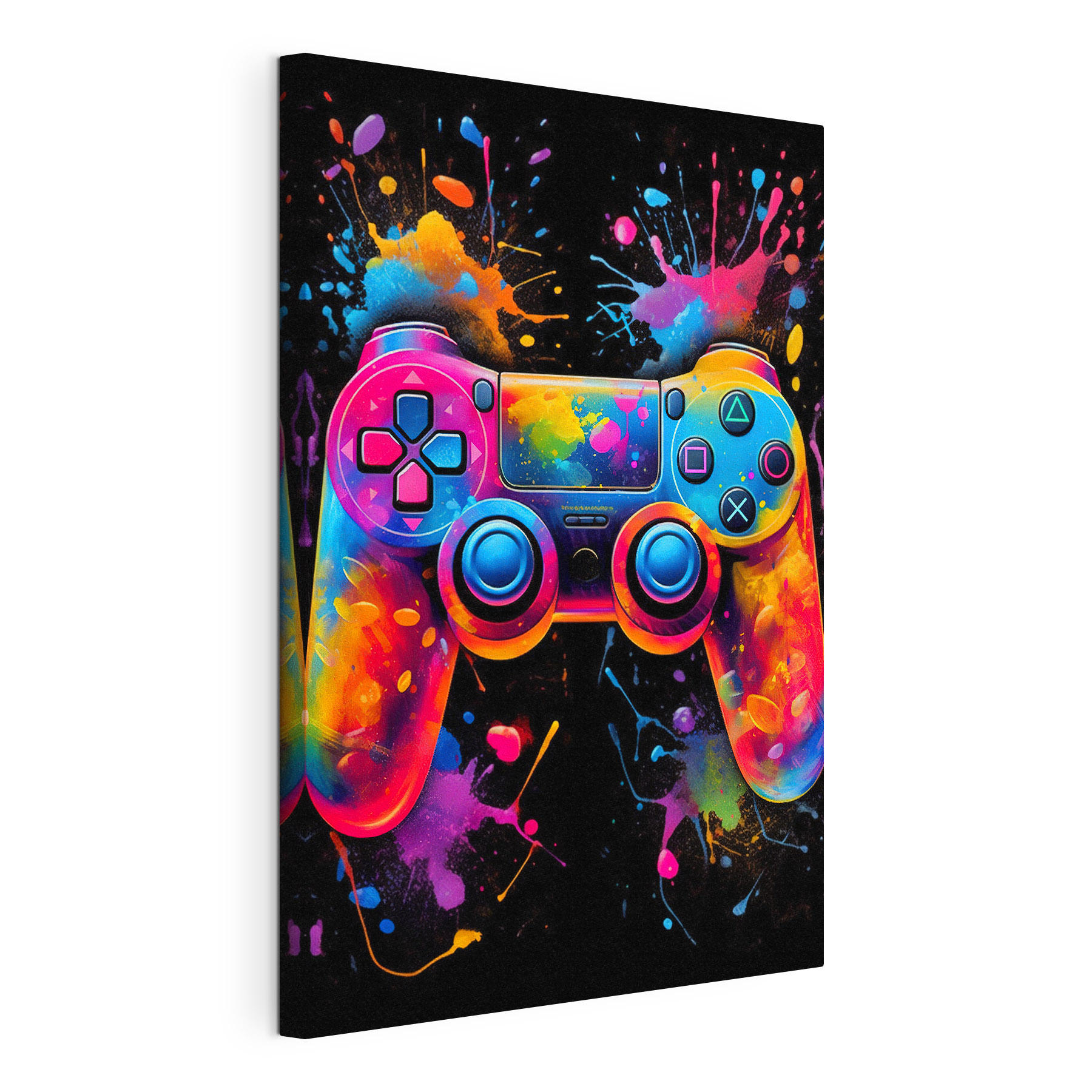A video game controller with colorful paint splatters