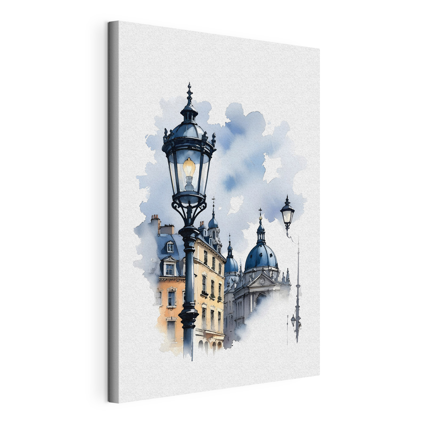 A street lamp with blue domes and buildings in the background