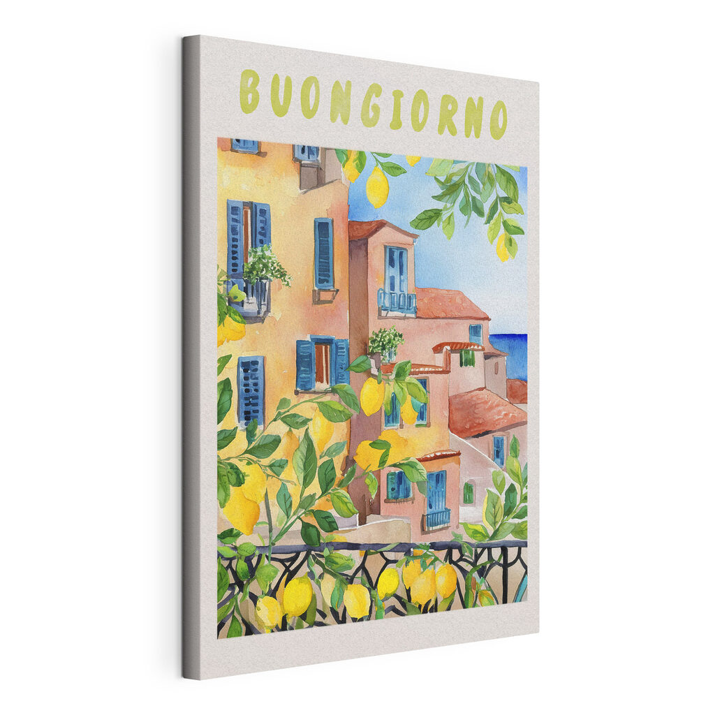 Watercolor painting of buildings and lemons on a sunny day