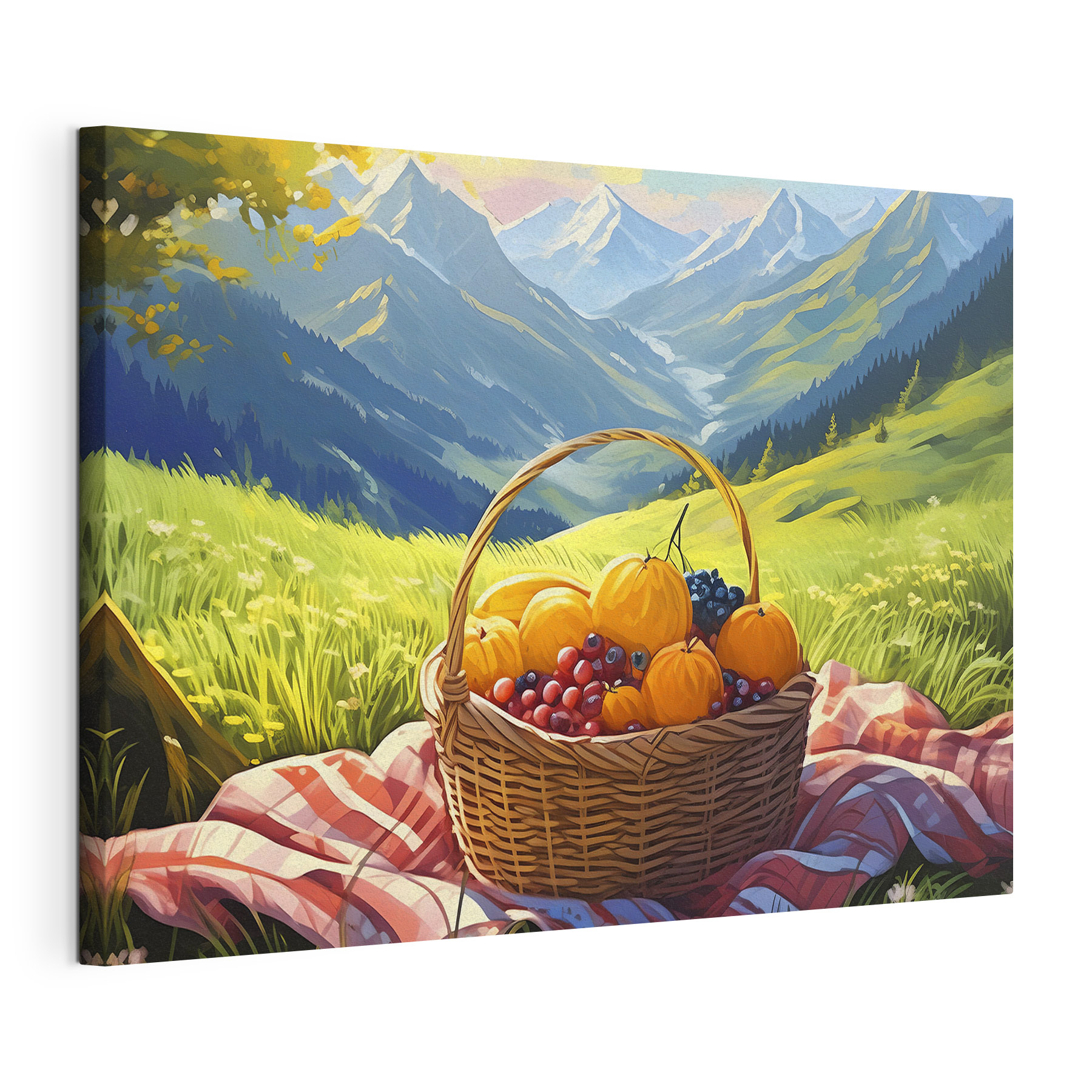 A basket of fruit on a blanket in a grassy field A basket of fruit on a blanket in a grassy field