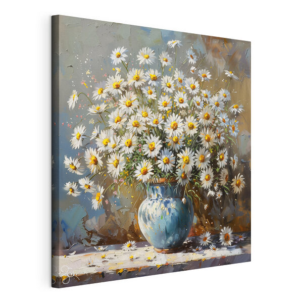A painting of a vase of daisies