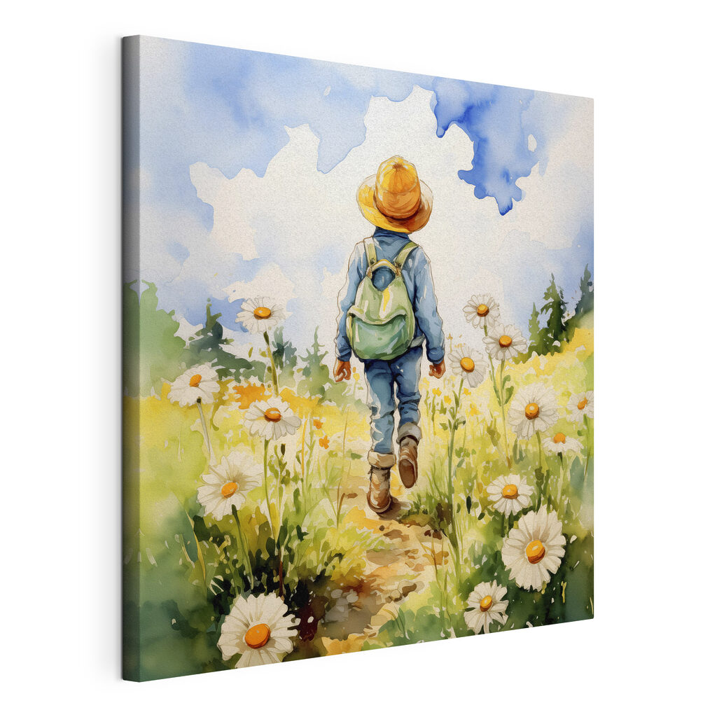 A child walking in a field of flowers