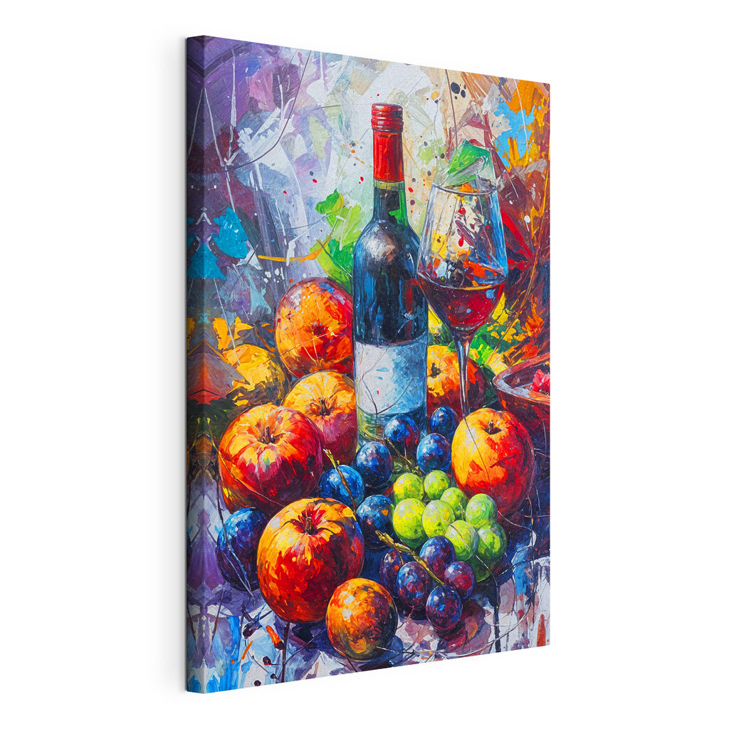 A painting of a wine bottle and fruit A painting of a wine bottle and fruit