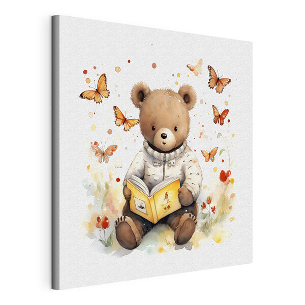 A teddy bear reading a book with butterflies flying around A teddy bear reading a book with butterflies flying around