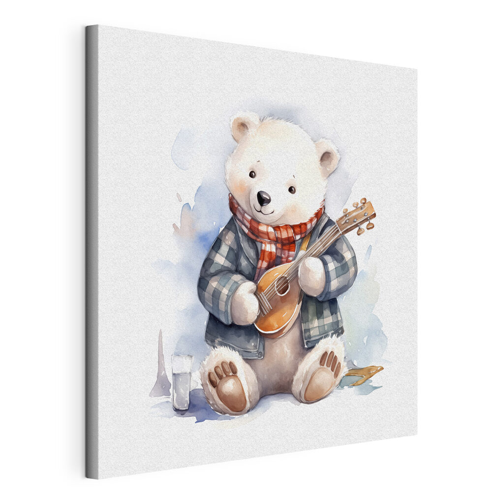A watercolor of a teddy bear playing a guitar
