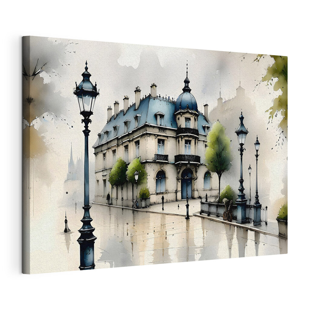 Painting of a building with trees and a street lamp Painting of a building with trees and a street lamp