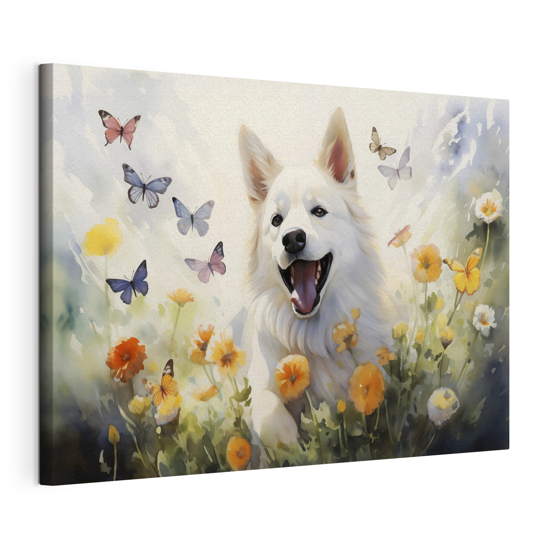White dog with butterflies in a field of flowers White dog with butterflies in a field of flowers