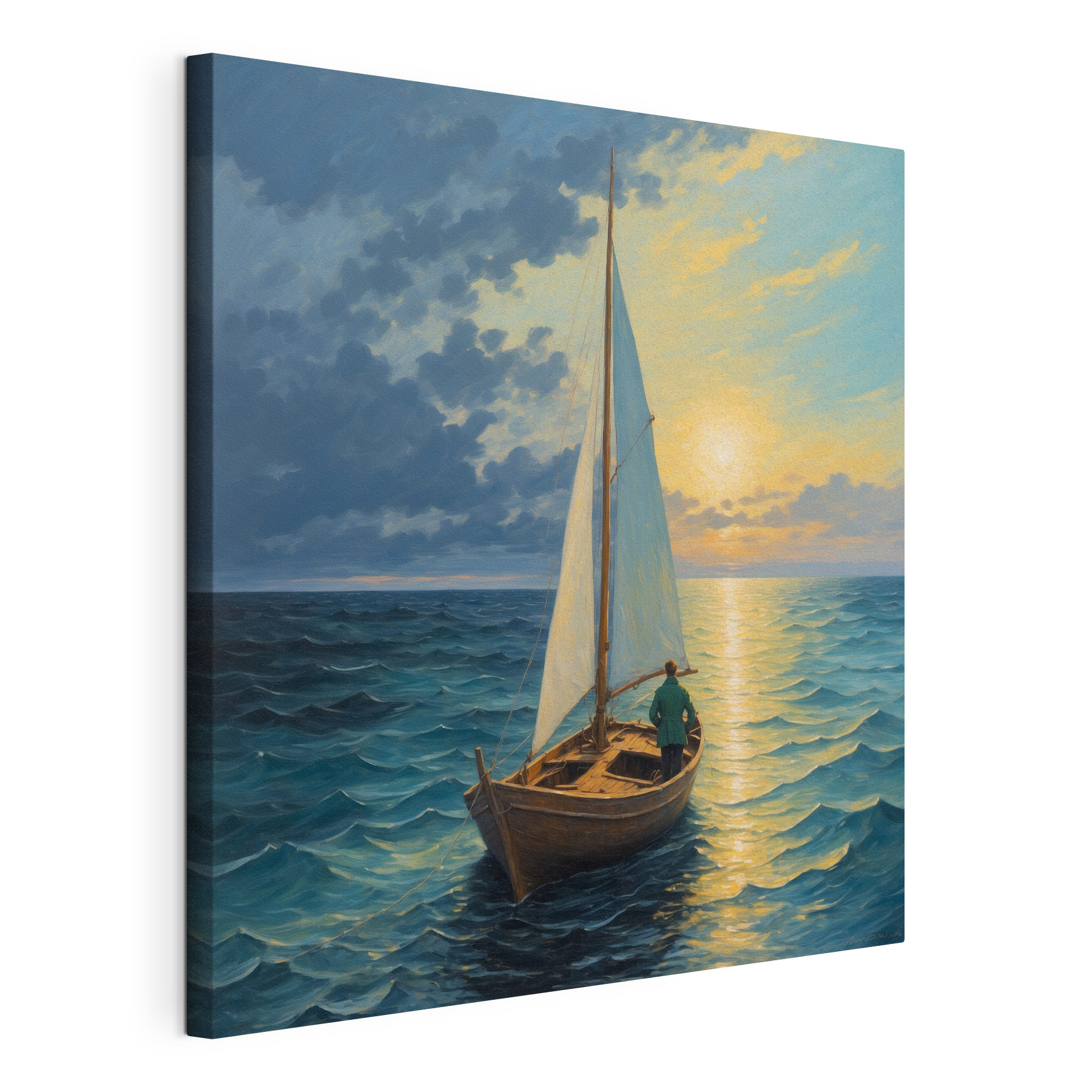 Painting of a man in a boat in the ocean Painting of a man in a boat in the ocean