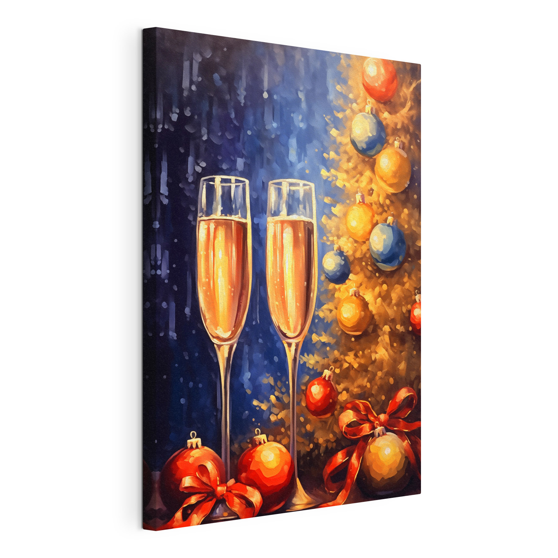 Painting of two champagne glasses next to a christmas tree Painting of two champagne glasses next to a christmas tree