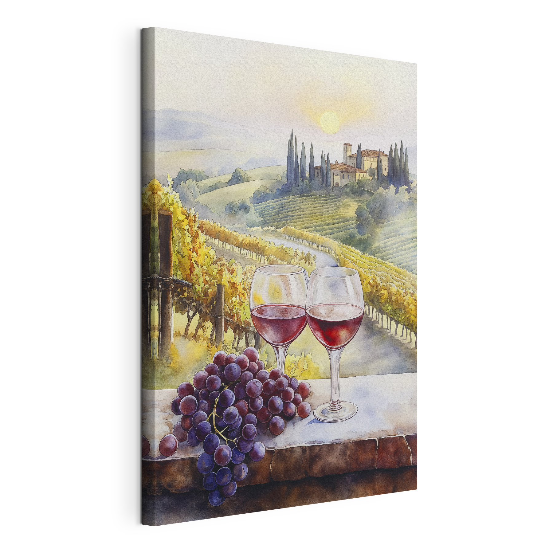 Watercolor painting of wine glasses and grapes