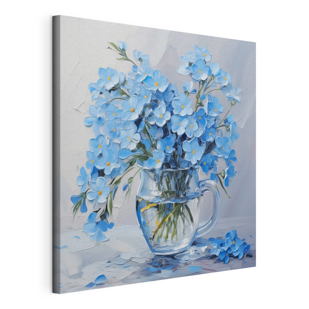 Painting of blue flowers in a glass vase