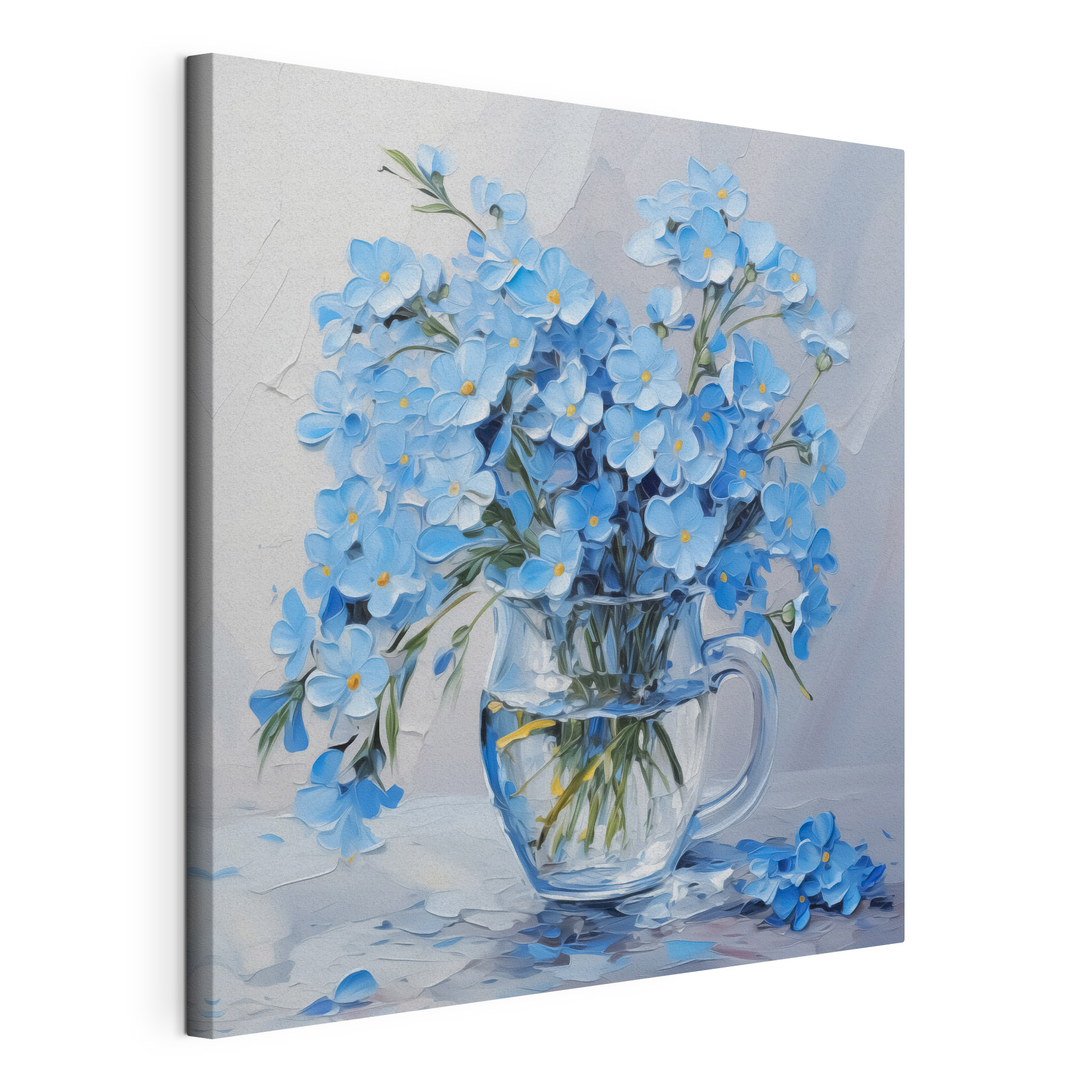 Painting of blue flowers in a glass vase