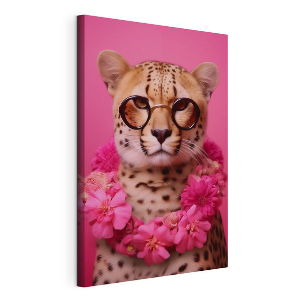 Obraz Leopard s okuliarmi a náhrdelníkom z kvetov (Katalógové číslo: s42477) Obraz Obraz Leopard s okuliarmi a náhrdelníkom z kvetov (Katalógové číslo: s42477)
