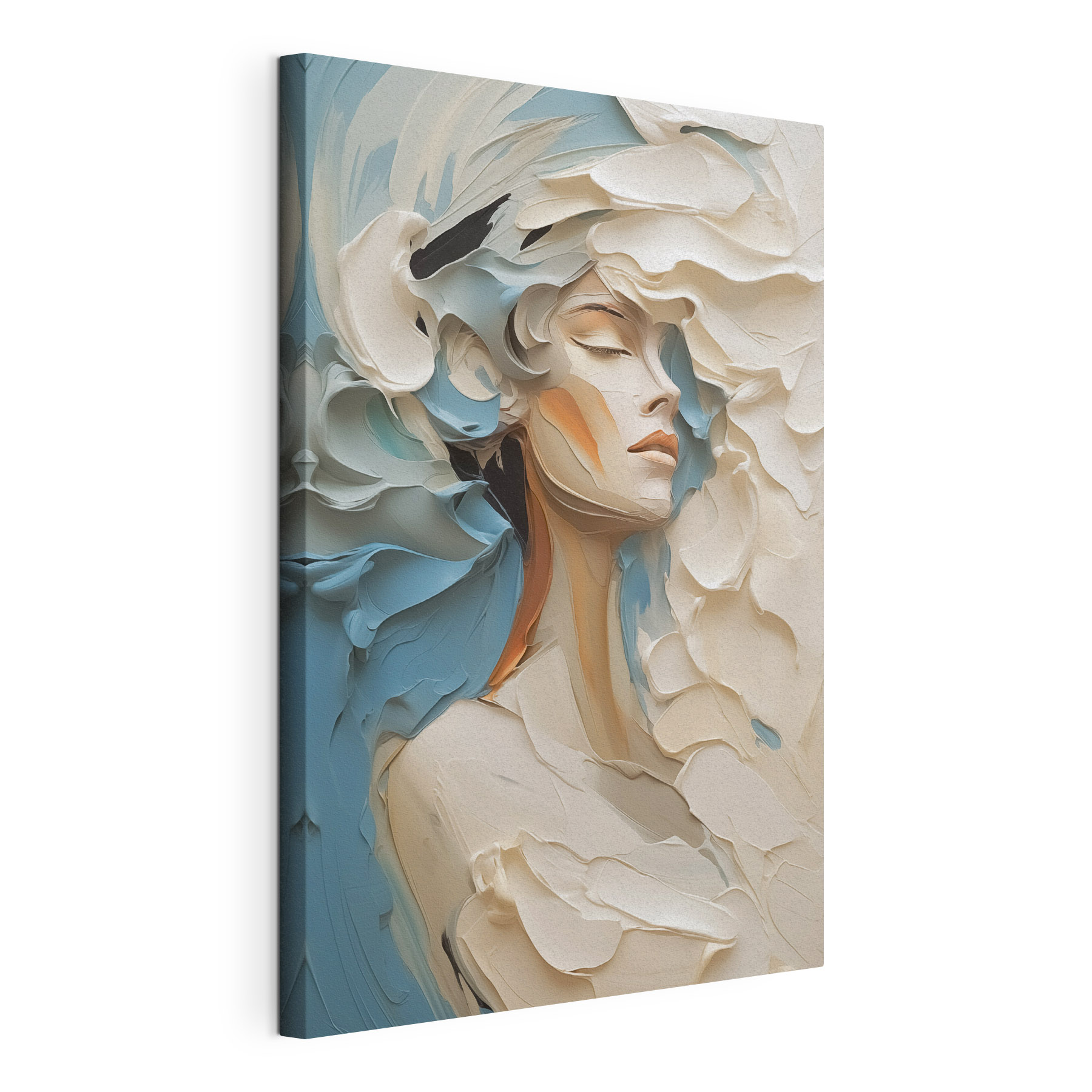 Painting of a woman with white and blue paint Painting of a woman with white and blue paint