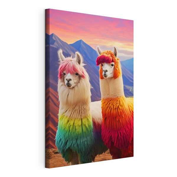 Two llamas with rainbow colored hair