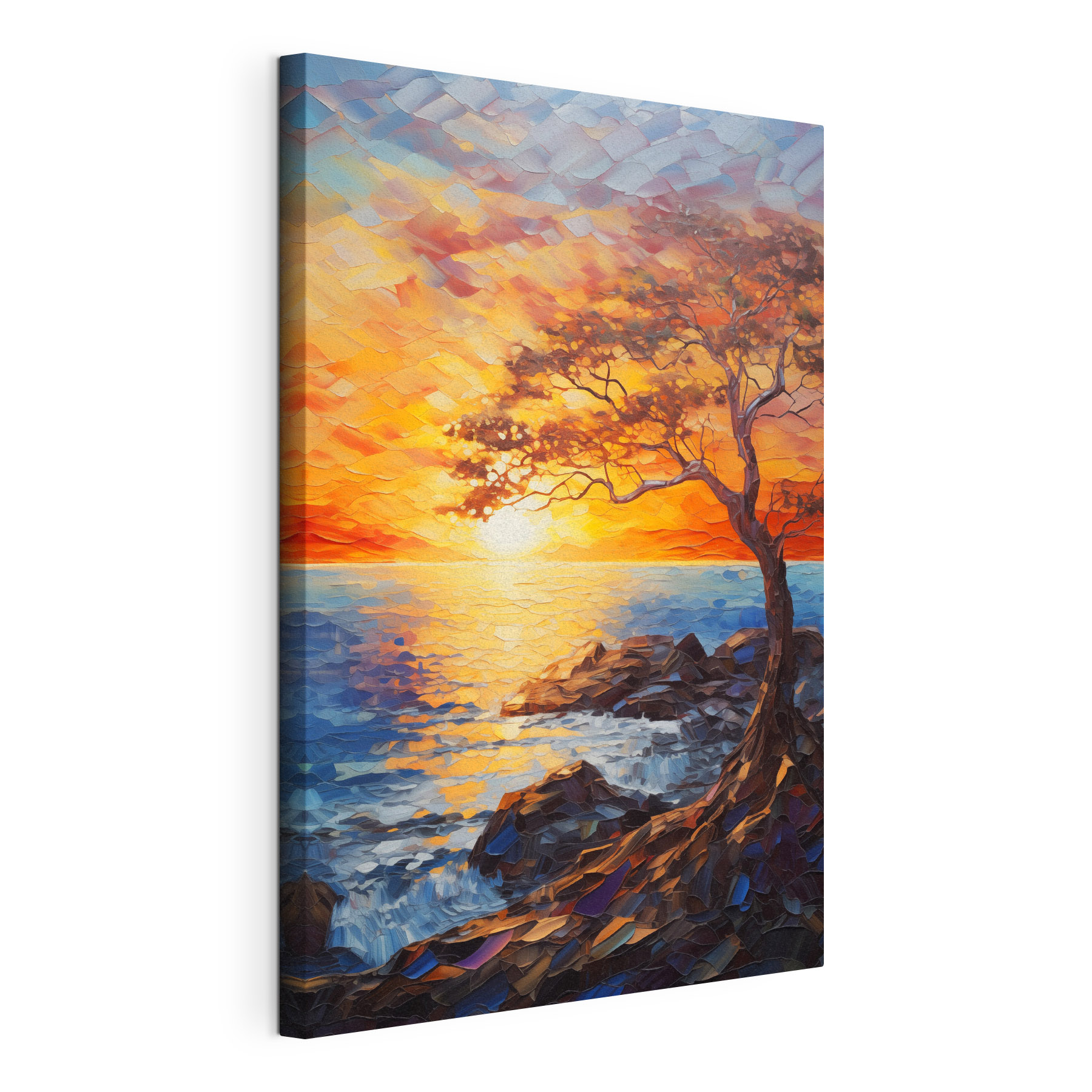 Tree on a rocky shore with a sunset behind it Tree on a rocky shore with a sunset behind it
